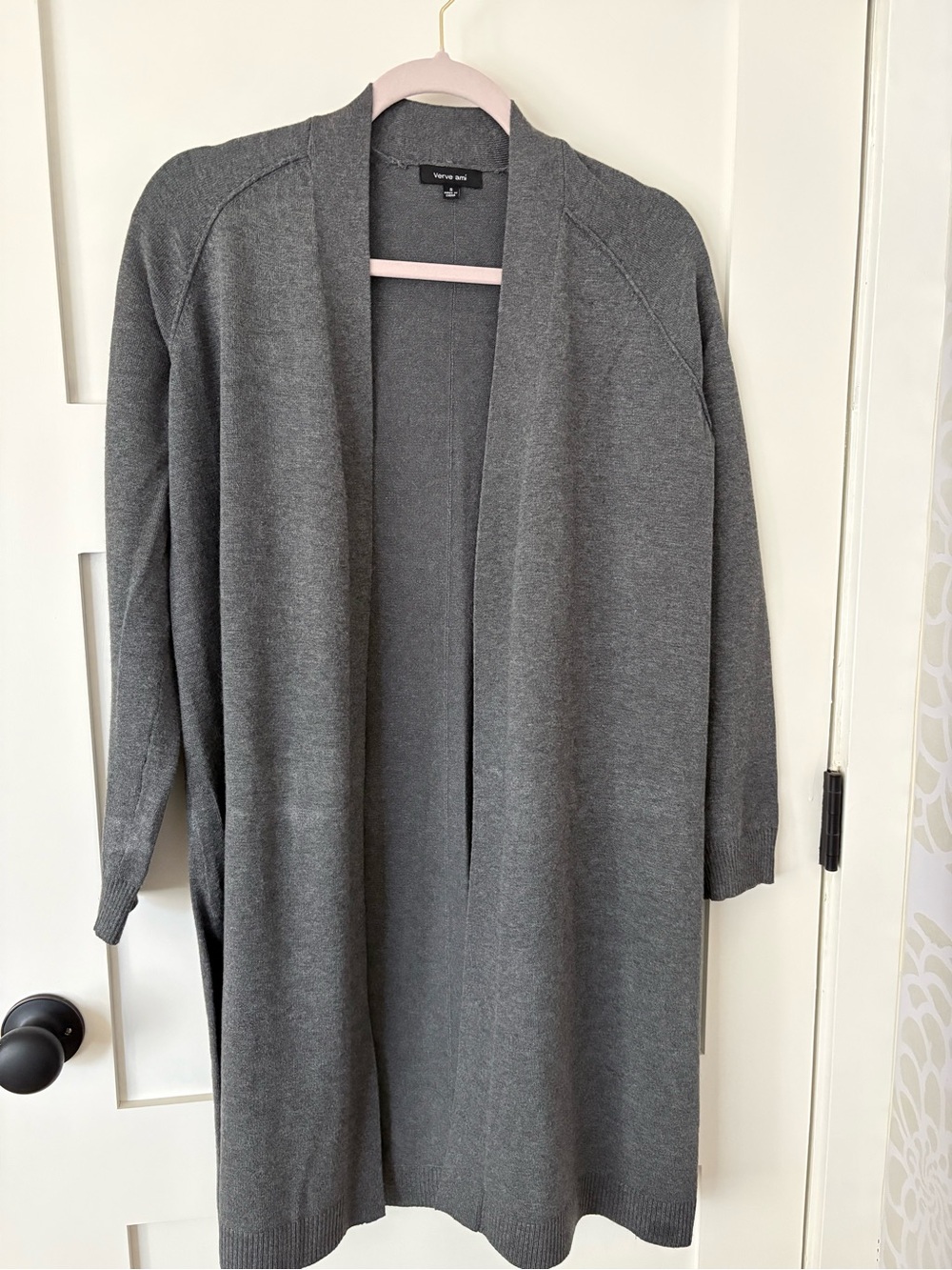Long gray open faced cardigan